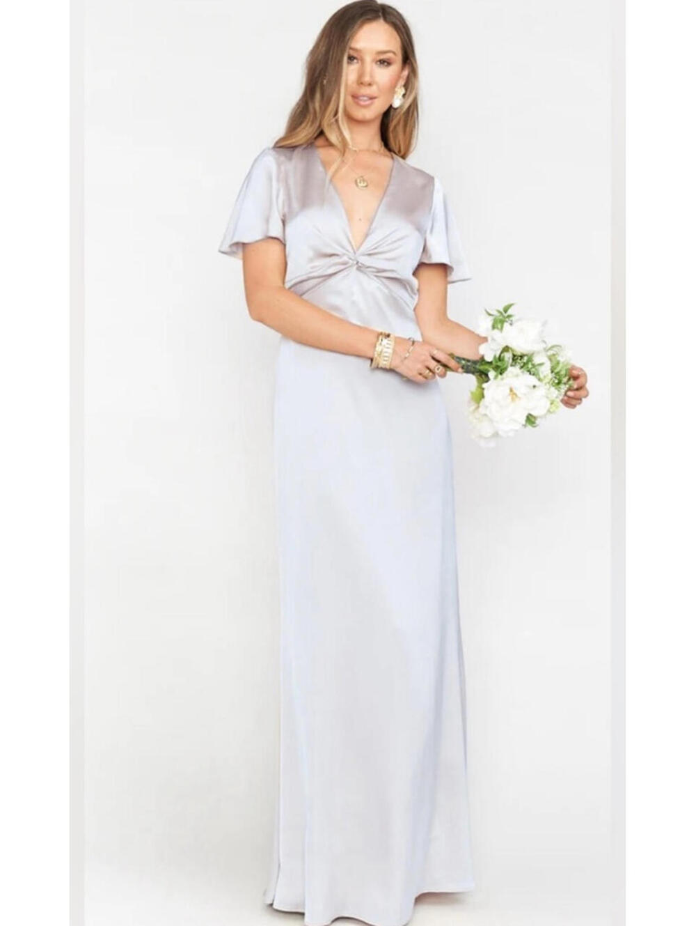 NWT Show Me Your Mumu Silver Luxe Rome Twist Gown Satin Maxi Dress- Size Small